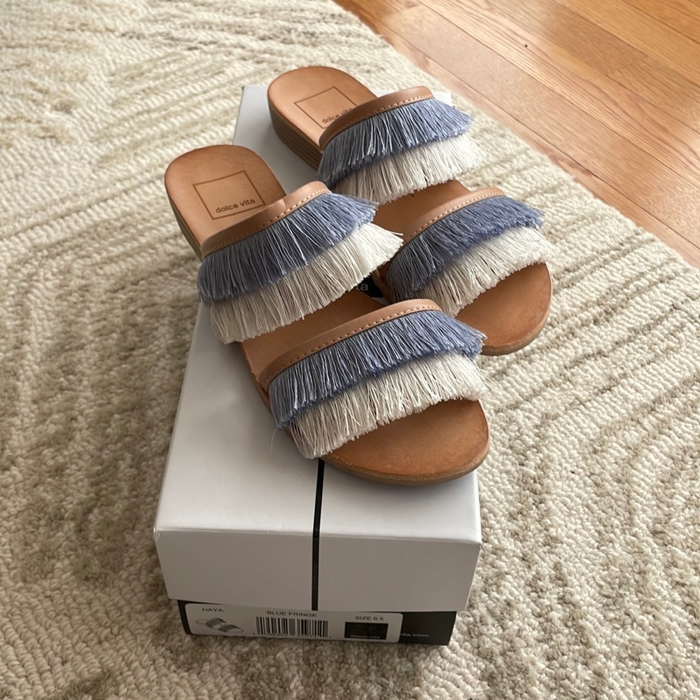 Dolce Vita Haya Blue and White Fringe Sandal
